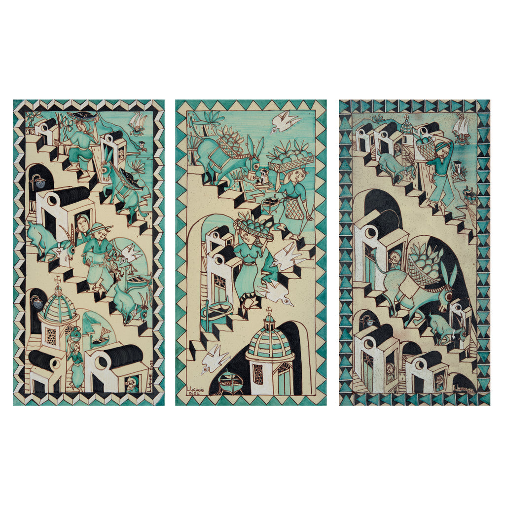 Framed shot of the artistic tiles created by Liguori that are represented on the shirt