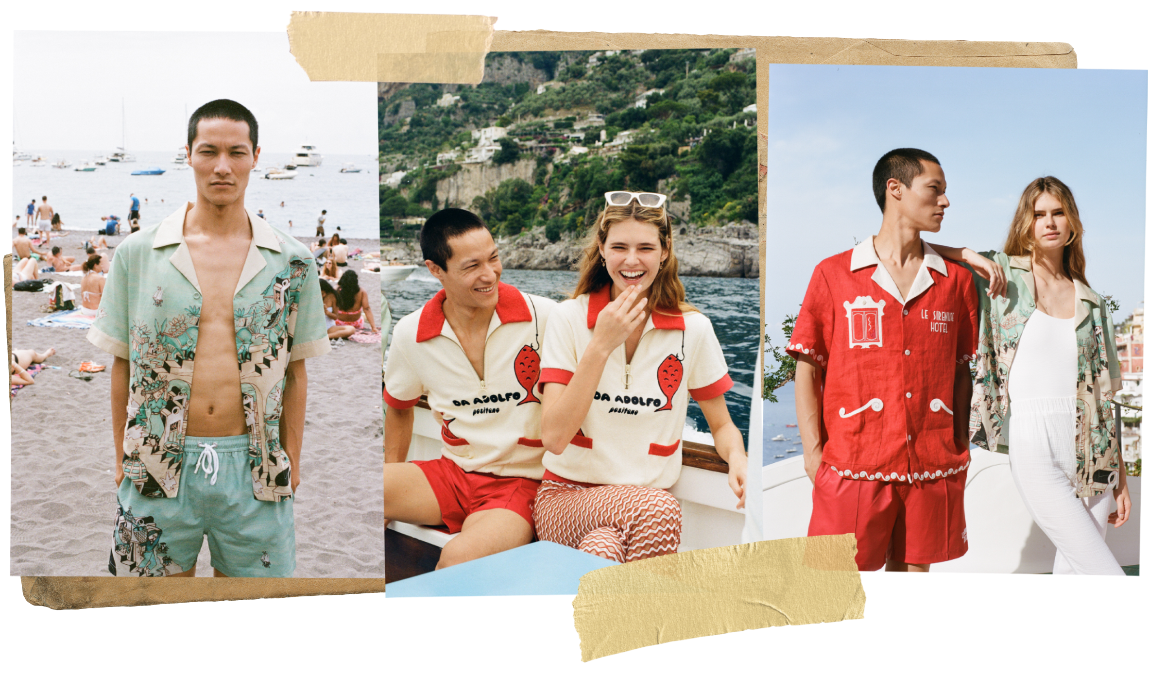 Three photos of models from Le Sirenuse photoshoot wearing collaboration capsule sets