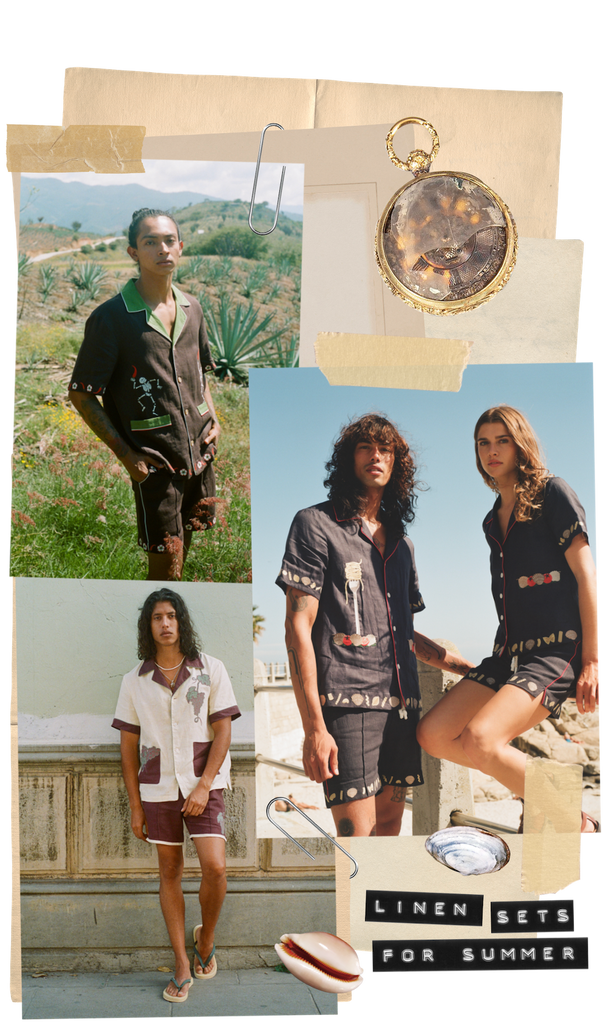 Tombolo Linen sets for summer showing collage of models wearing Tombarolo set, Vongole sets and Picante set