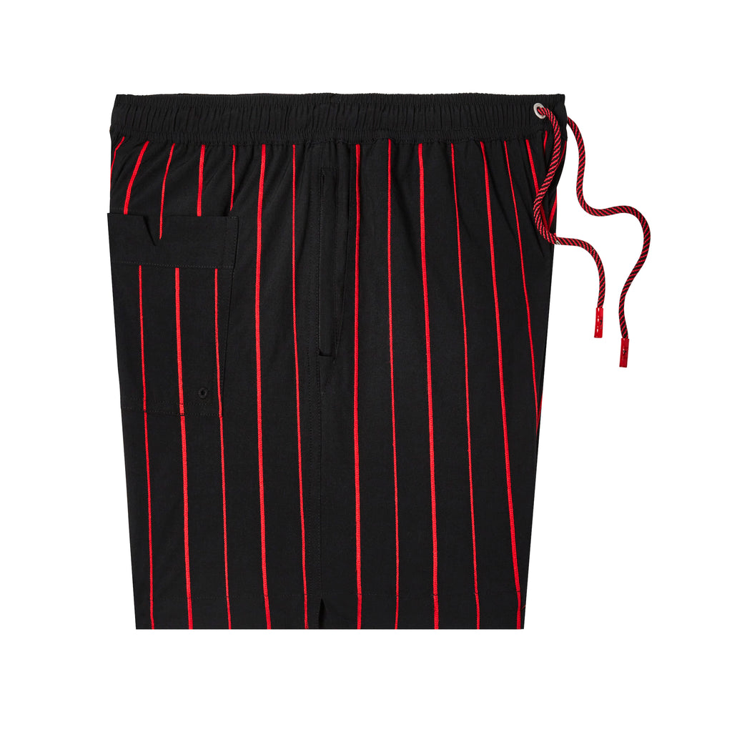 Side-facing product image of 'The Sopranos' Lineup Swim sorts that showcases its drawstrings, back pocket, and side pocket.