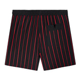 Backwards-facing product image of 'The Sopranos' Lineup Swim Trunks that features a back pocket with an indented V in the middle.