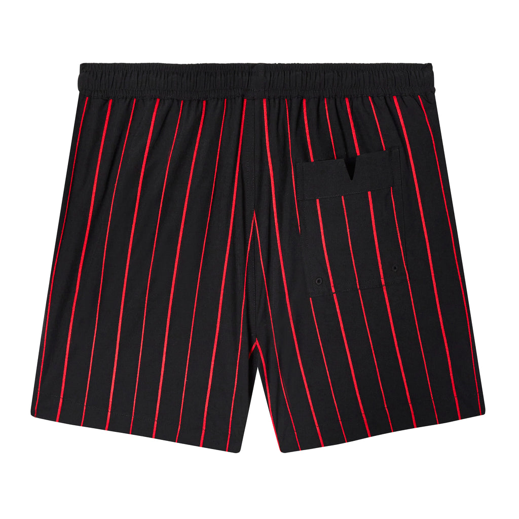 Backwards-facing product image of 'The Sopranos' Lineup Swim Trunks that features a back pocket with an indented V in the middle.