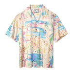 A colorful short-sleeve Hawaiian shirt with a print depicting a chaotic party scene, featuring characters such as jesters, fireworks, and cyclists.