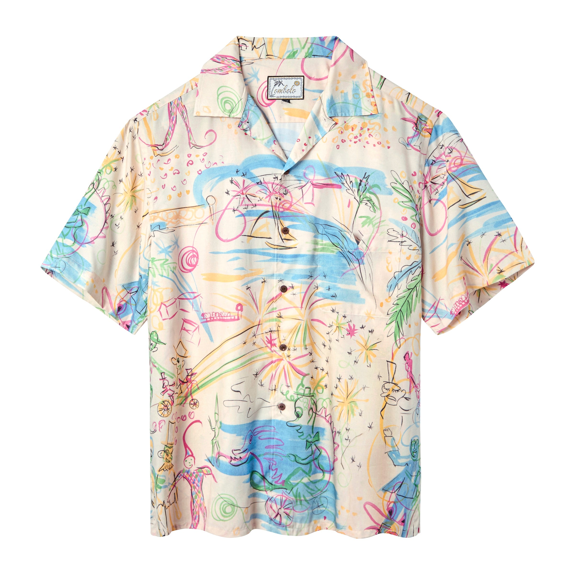 A colorful short-sleeve Hawaiian shirt with a print depicting a chaotic party scene, featuring characters such as jesters, fireworks, and cyclists.