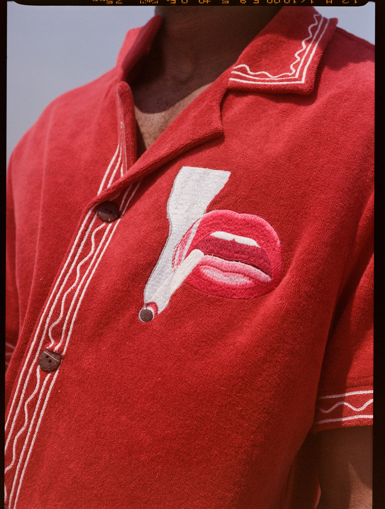 Close up of smoking lips motif on shirt