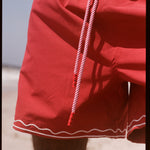 Close up of drawstring on fred swim trunks