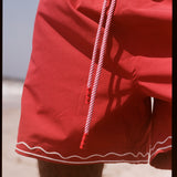 Close up of drawstring on fred swim trunks