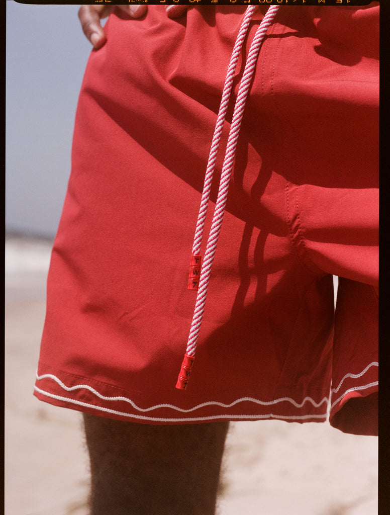 Close up of drawstring on fred swim trunks