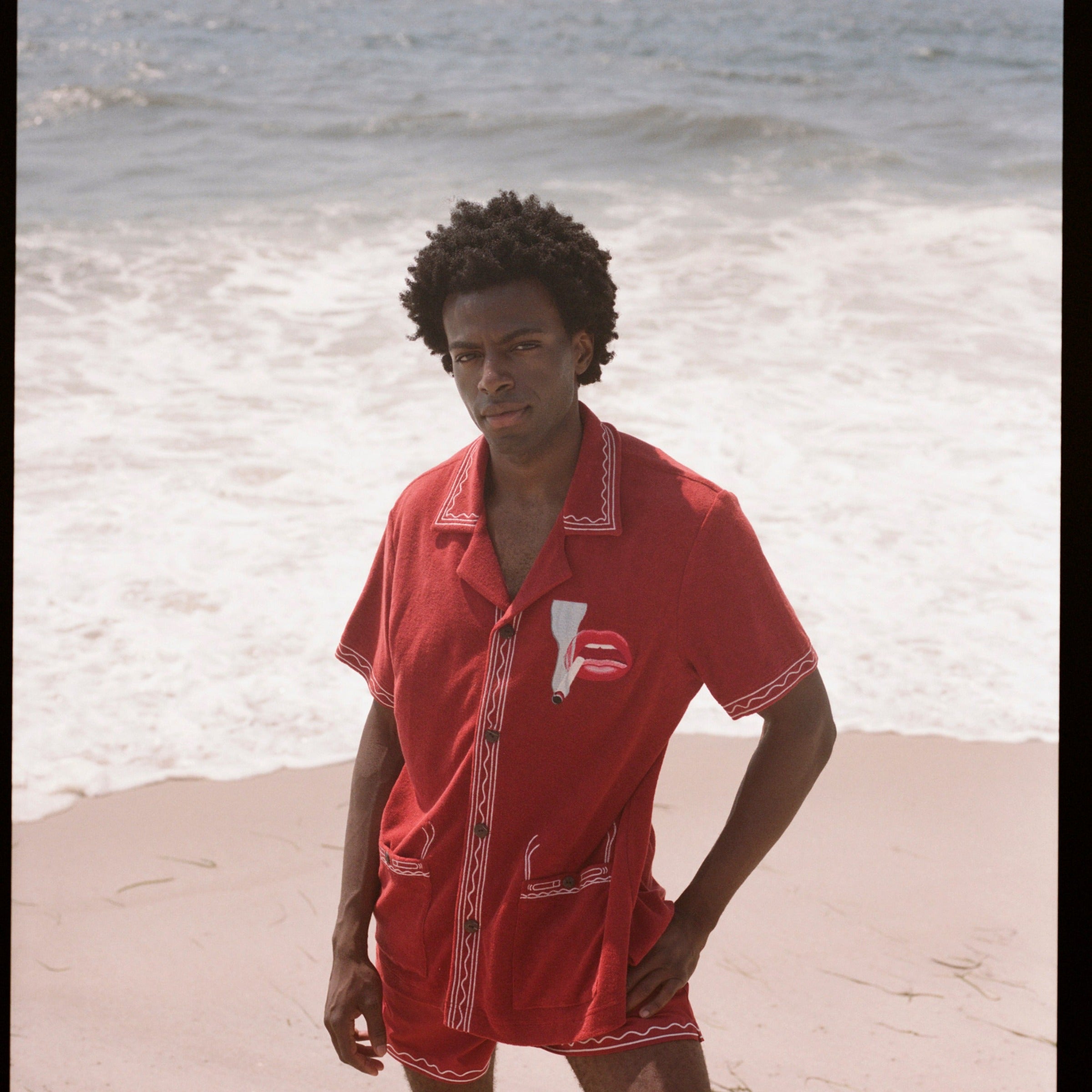 Man wearing matching set on beach