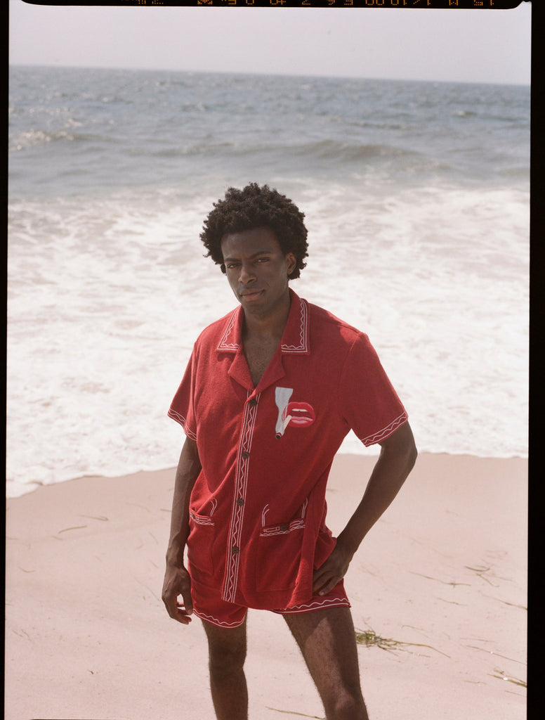 Man wearing matching set on beach