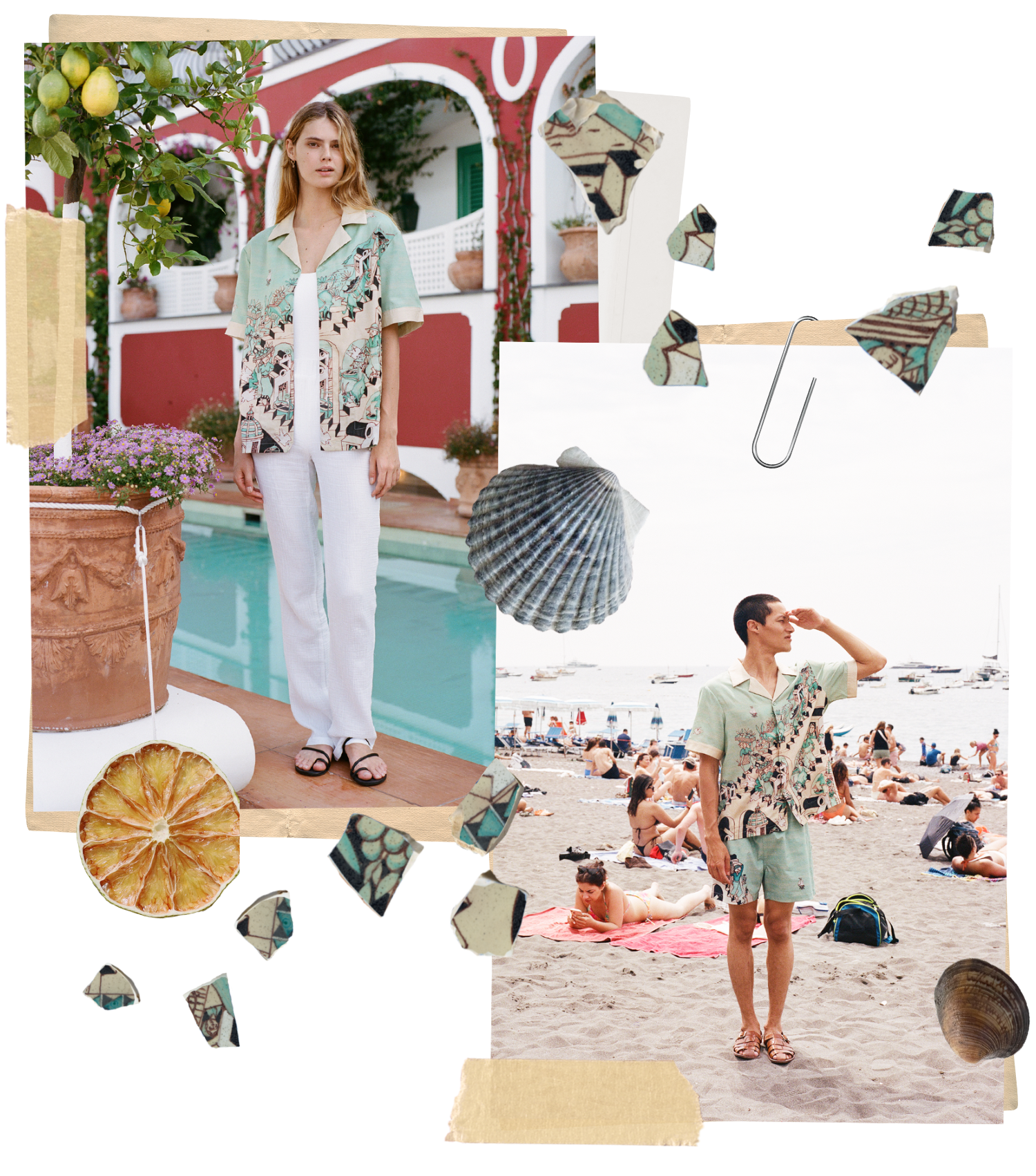 photos of man and woman wearing Lucio Liguori shirt at Le Sirenuse and on beach in Positano