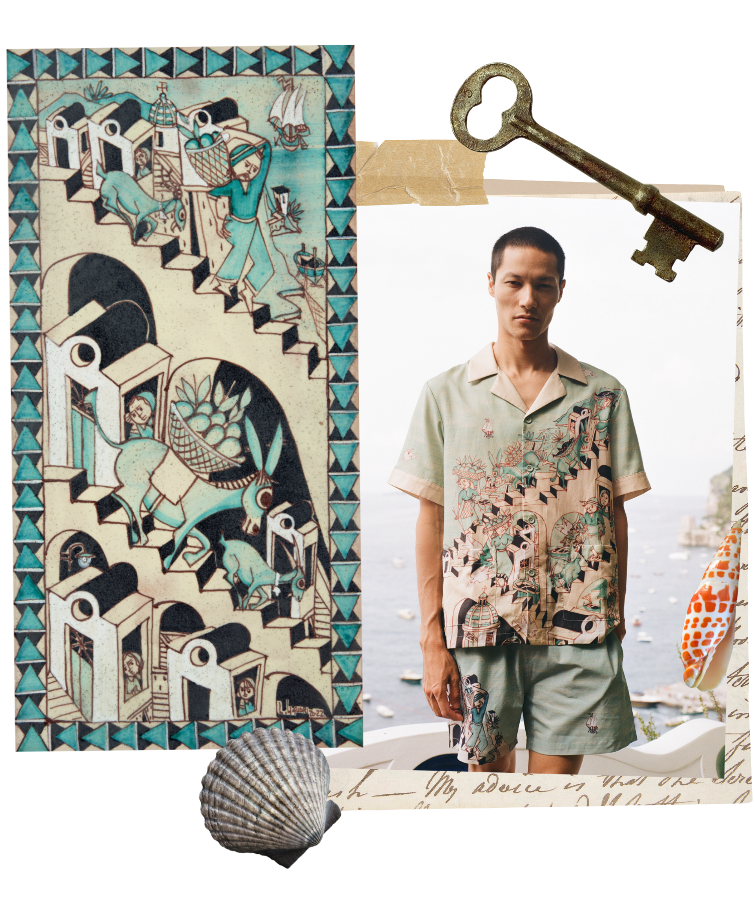 Lucio Liguori original artwork on tile alongside model wearing shirt inspired by the art