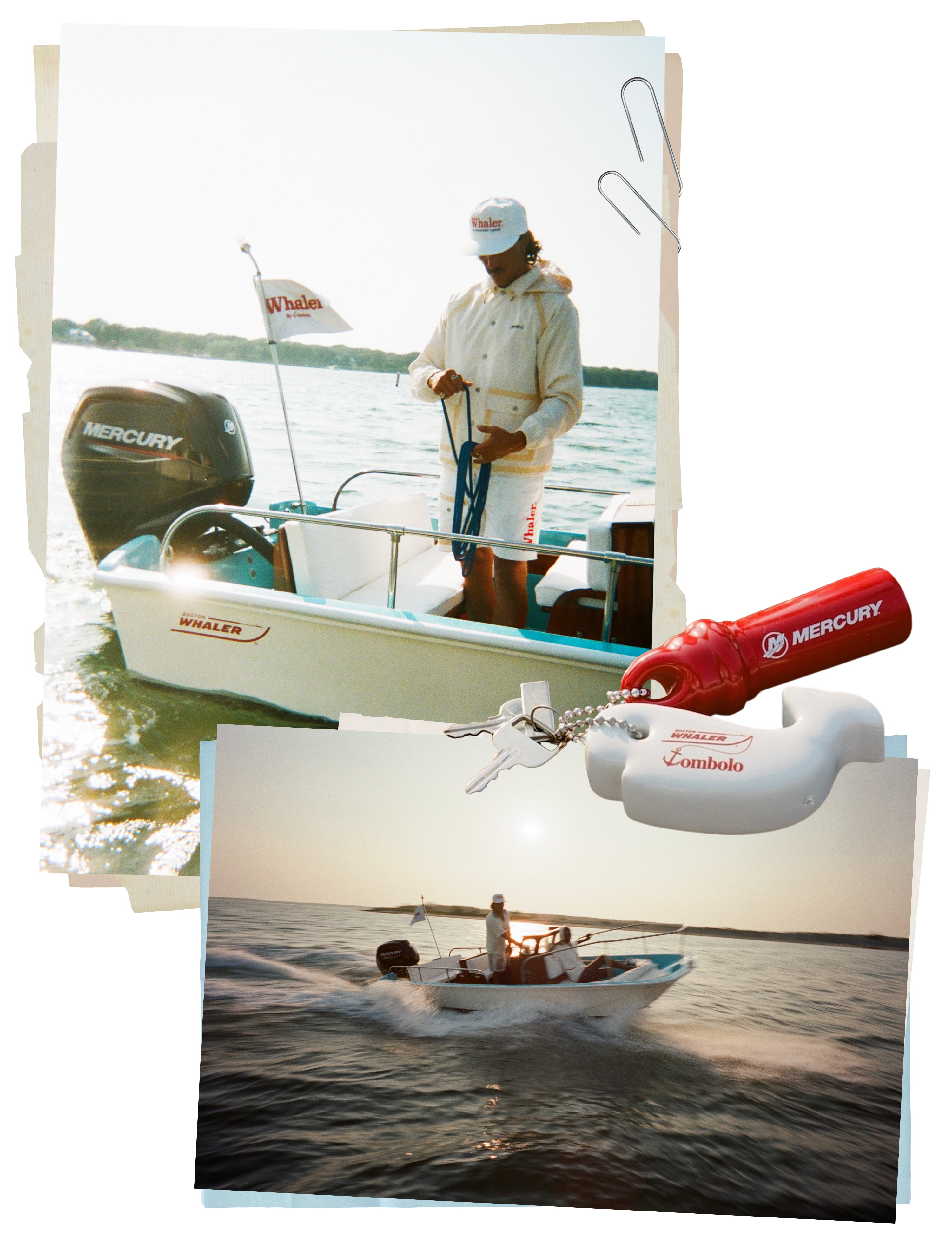Collage of a man on a boat with Mercury outboard motor and a key chain.