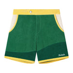 Tombolo Mulligan golf cabana shorts in green terrycloth and cursive Tombolo logo on bottom right 
