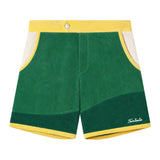 Tombolo Mulligan golf cabana shorts in green terrycloth and cursive Tombolo logo on bottom right 