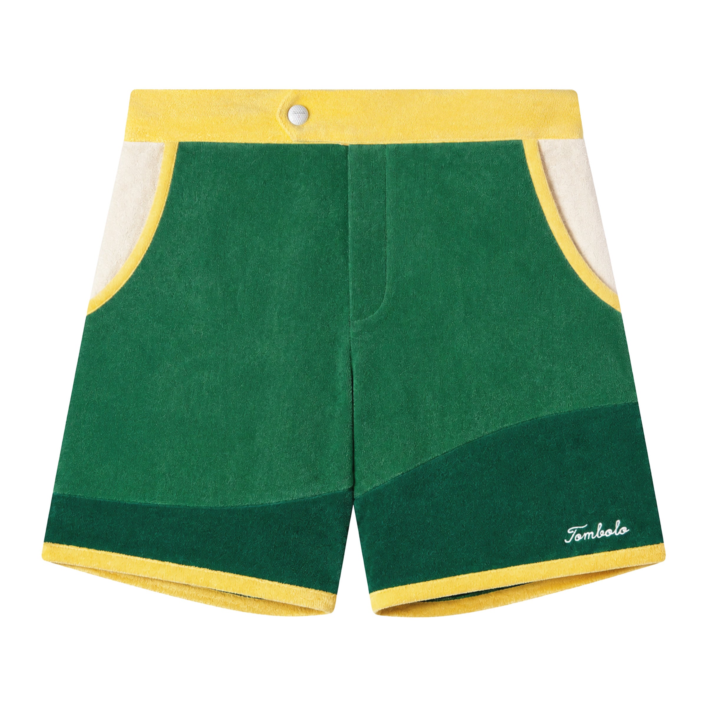 Tombolo Mulligan golf cabana shorts in green terrycloth and cursive Tombolo logo on bottom right 
