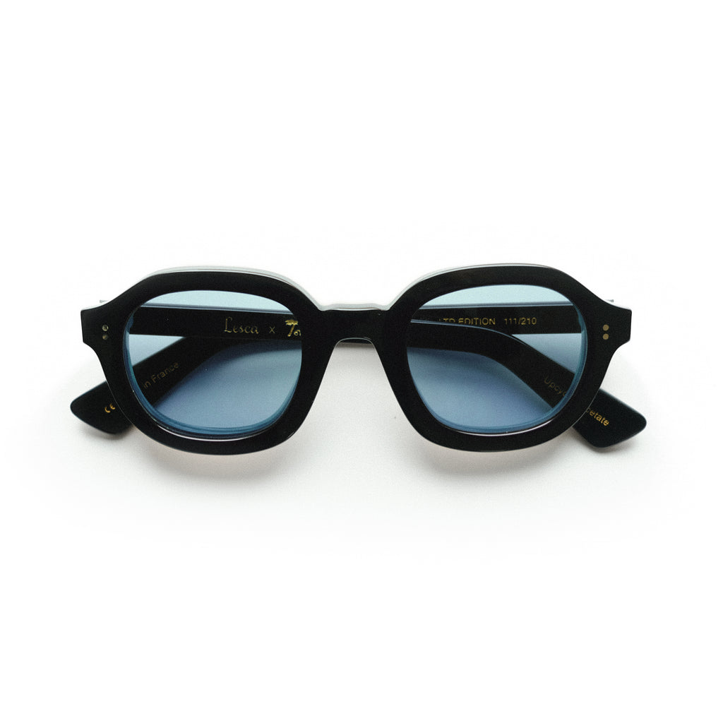 Tombolo x Lesca black sunglasses with thick frames and blue lenses