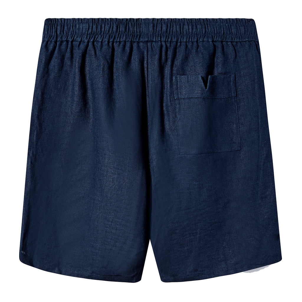 Backside of Navy Linen Shorts, featuring one back v-notch pocket. 