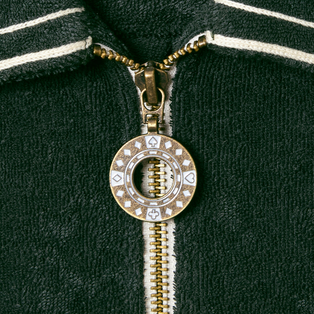 Close up detail of Green Terry Cloth Cabana Shirt's zipper. 