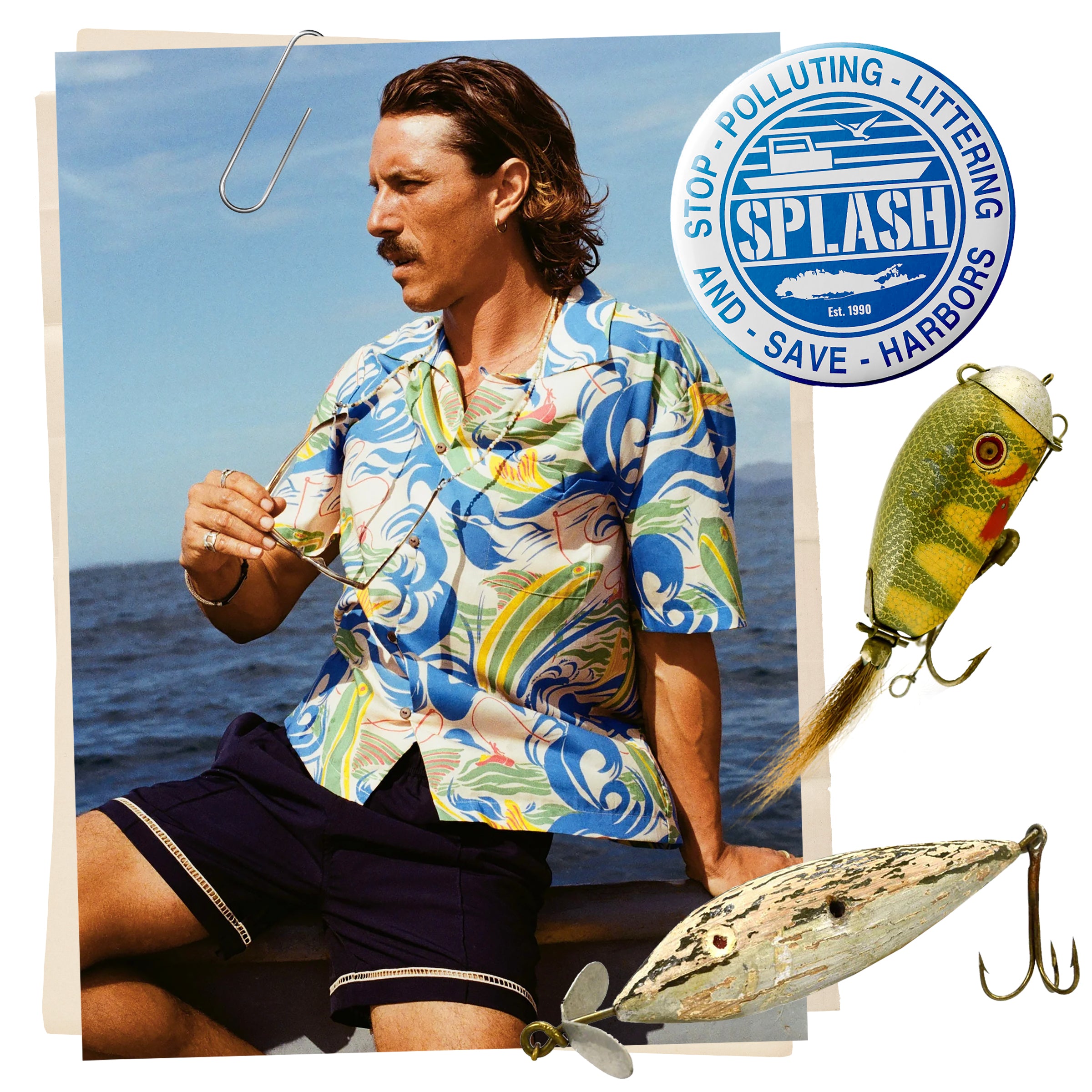 Man pictured taking off sunglasses, wearing a 'Perfect Cast' shirt by Tombolo. The image is paired with two fishing lures and a Operation SPLASH button.
