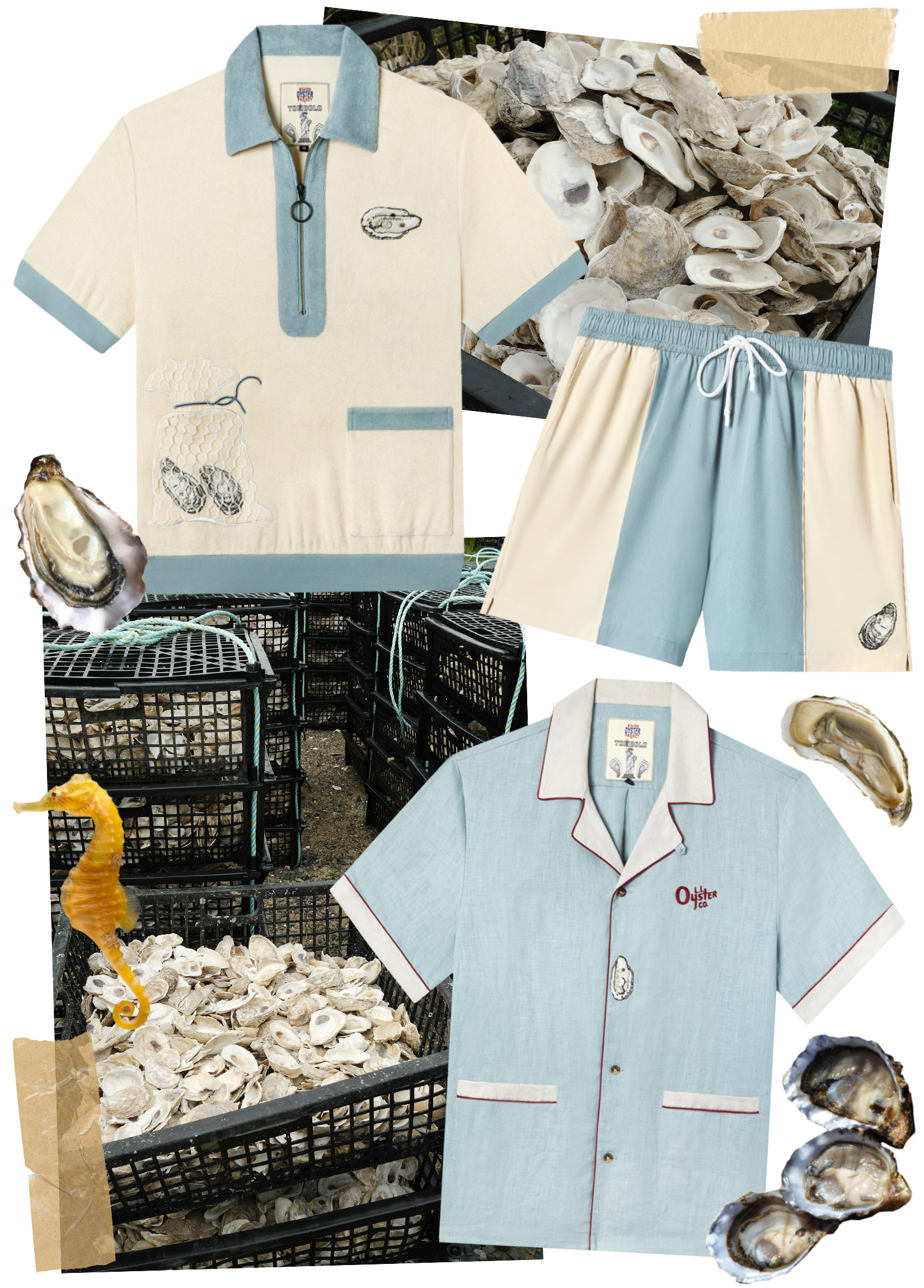 collage of blue and beige Tombolo oyster shirts alongside pictures of oysters in a container