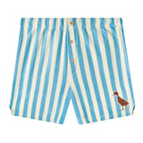 Front-facing product image of 'The Sopranos' Fowl Play Shorts, made of 100% organic terrycloth, featuring a light blue and white vertical stripe pattern with three boxer style buttons on a false fly, and an edge-embroidered and appliquéd duckling.