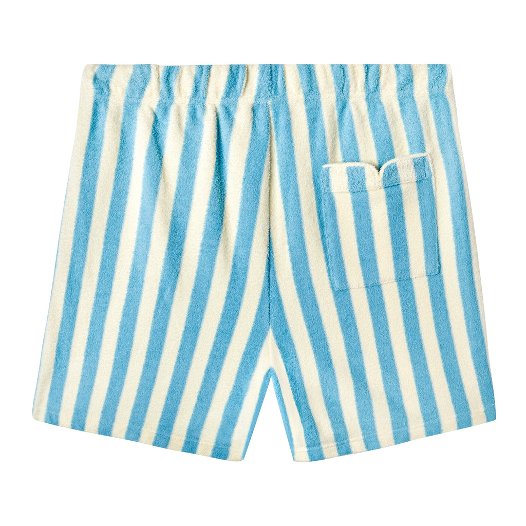 Backwards-facing product image of 'The Sopranos' Fowl Play Shorts that showcases the vertical light blue and white striped background and signature Tombolo v-slit back pocket and v-slit on side seam, shot a white background.