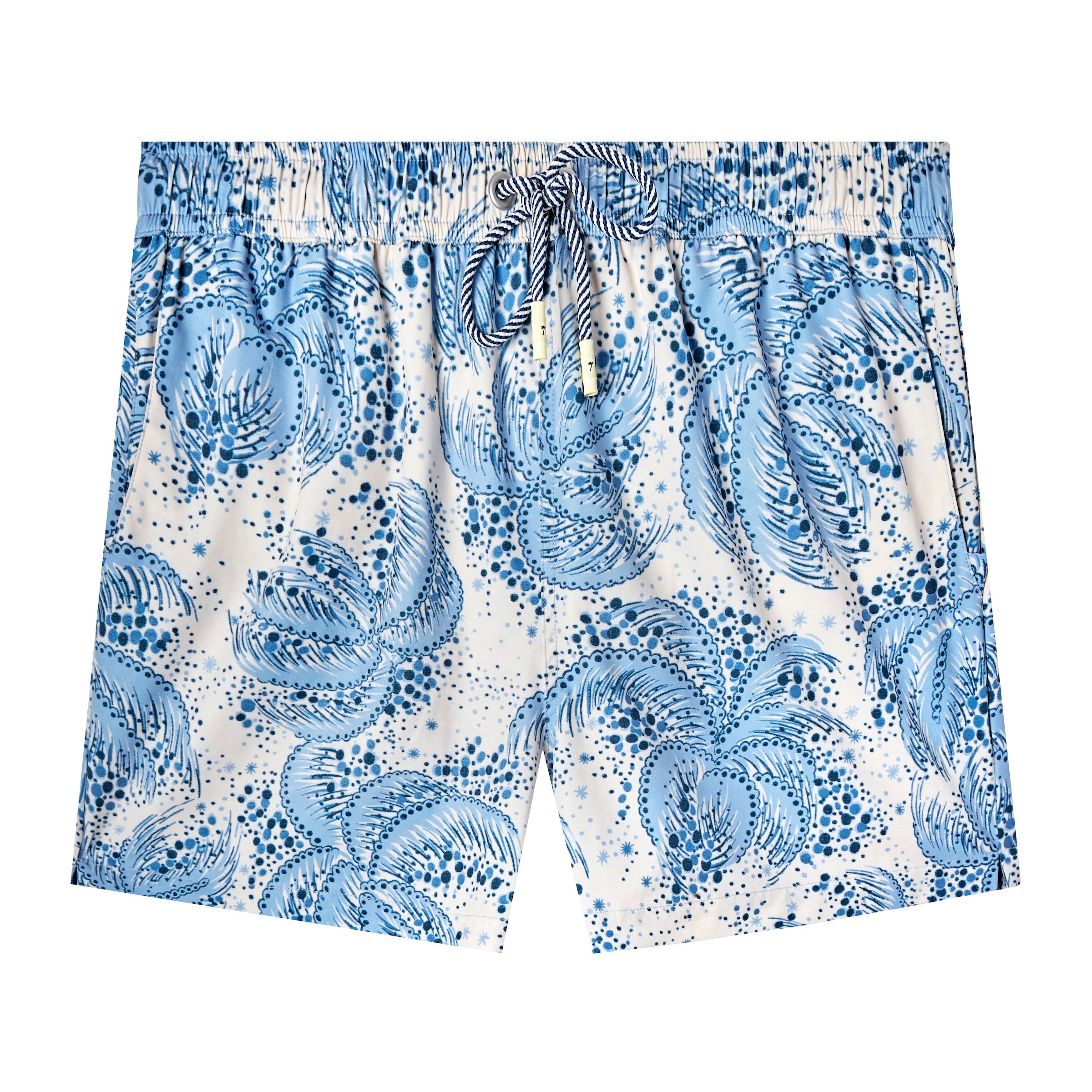 Front-facing product image of 'Palm Fronds Swim Trunks (Blue)' that showcase a repeating vintage Palm Frond pattern throughout, metal eyelet stoppers on blue and white twist drawstrings, and a zippered side pocket concealed on right side seam, all shot on a white background.