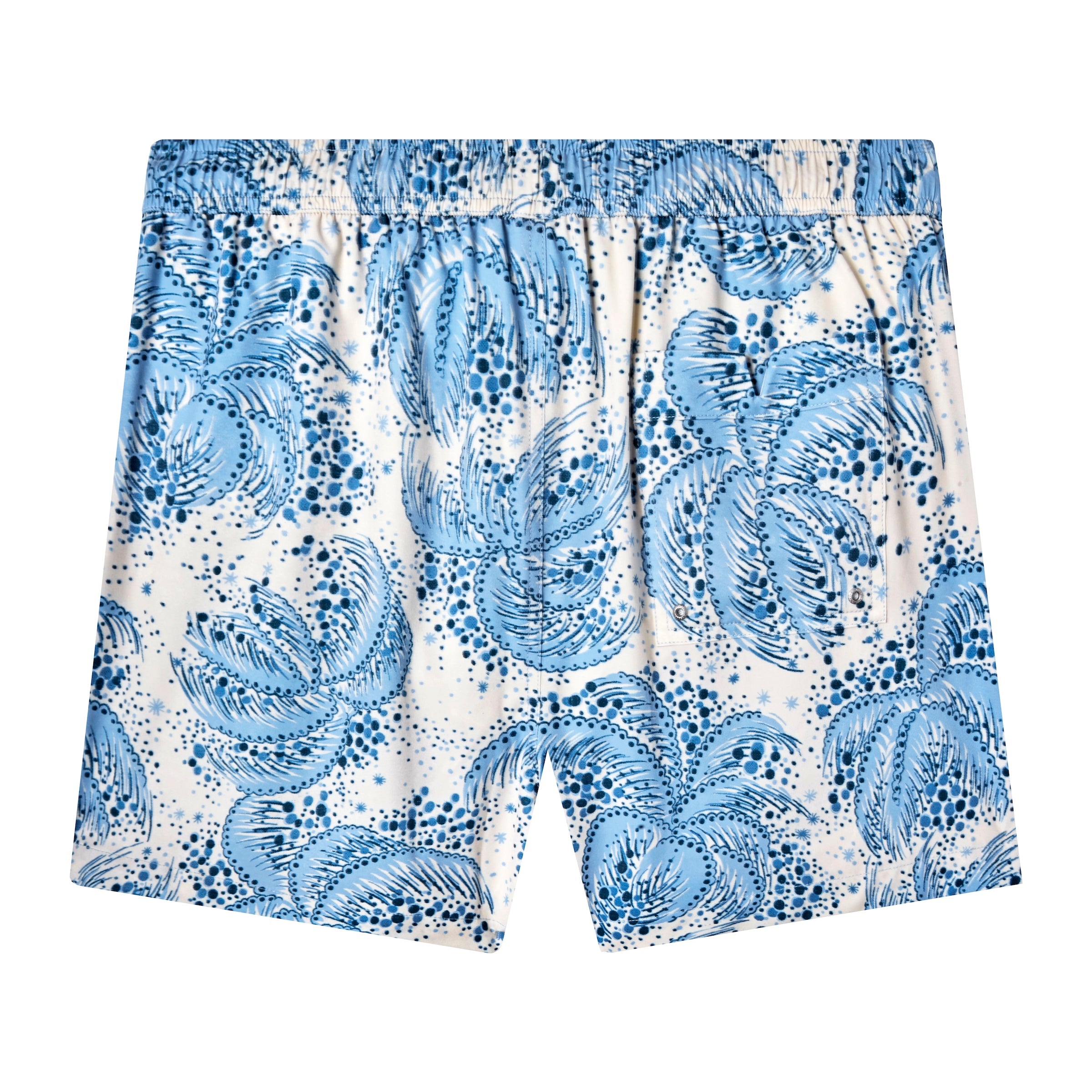 Backwards-facing product image of "Palm Fronds Swim Trunks (Blue)" that features a repeating vintage Palm Frond print and signature 'V' back pocket.