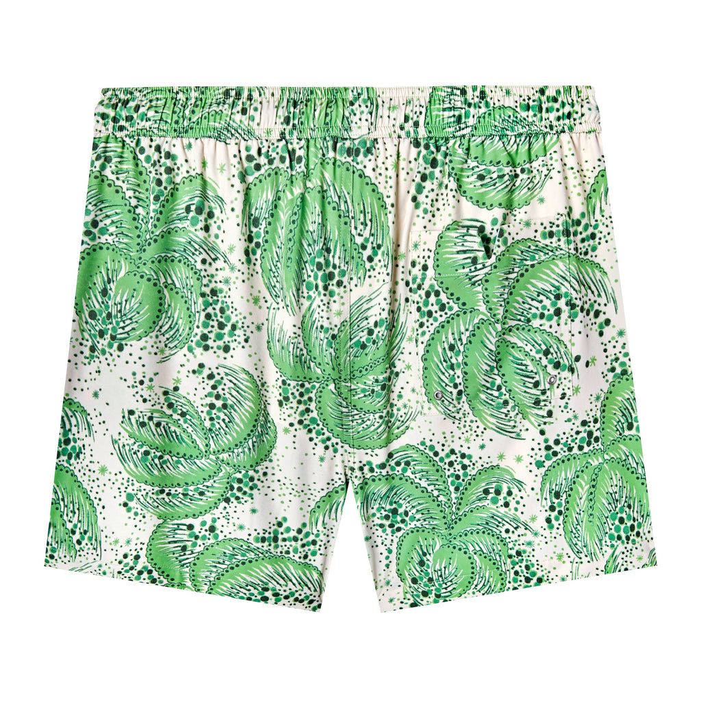 Backwards facing product image of 'Palm Fronds Swim Trunks (green)' that showcases its repeating vintage palm frond pattern, and signature 'V' back pocket.