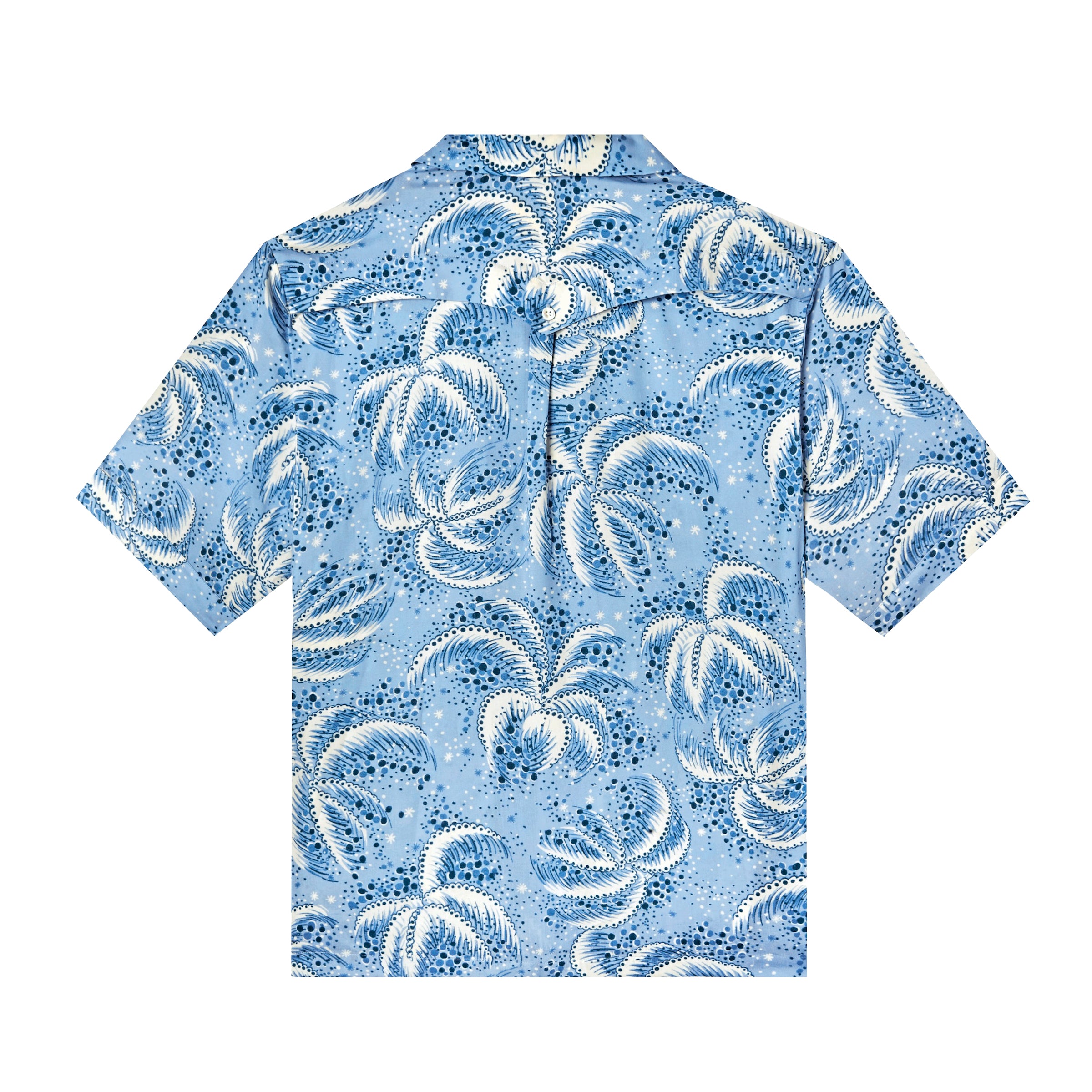 Backwards-facing product image of 'Palm Fronds (Blue)' that showcases the repeating palm frond pattern and arched open yolk over interior mesh for added ventilation secured by a singular button. 