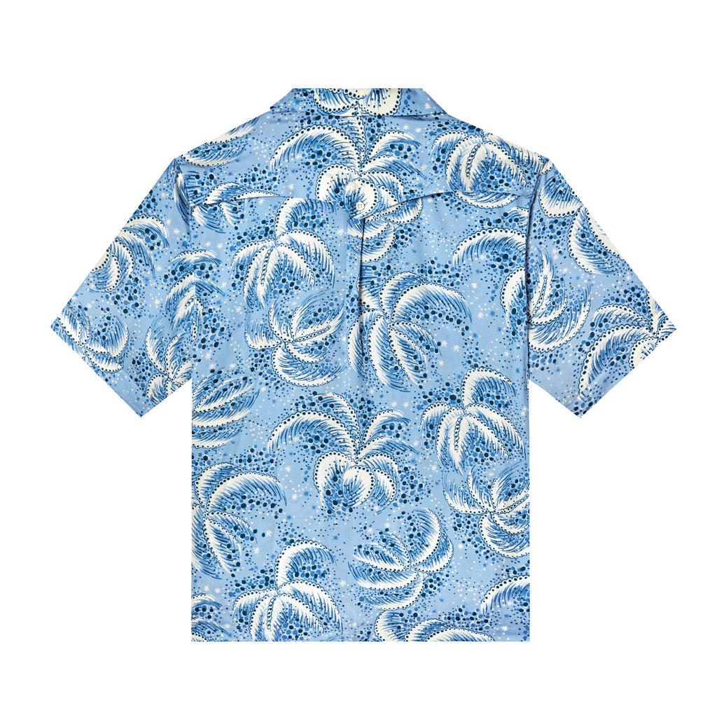 Backwards-facing product image of 'Palm Fronds (Blue)' that showcases the repeating palm frond pattern and arched open yolk over interior mesh for added ventilation secured by a singular button. 