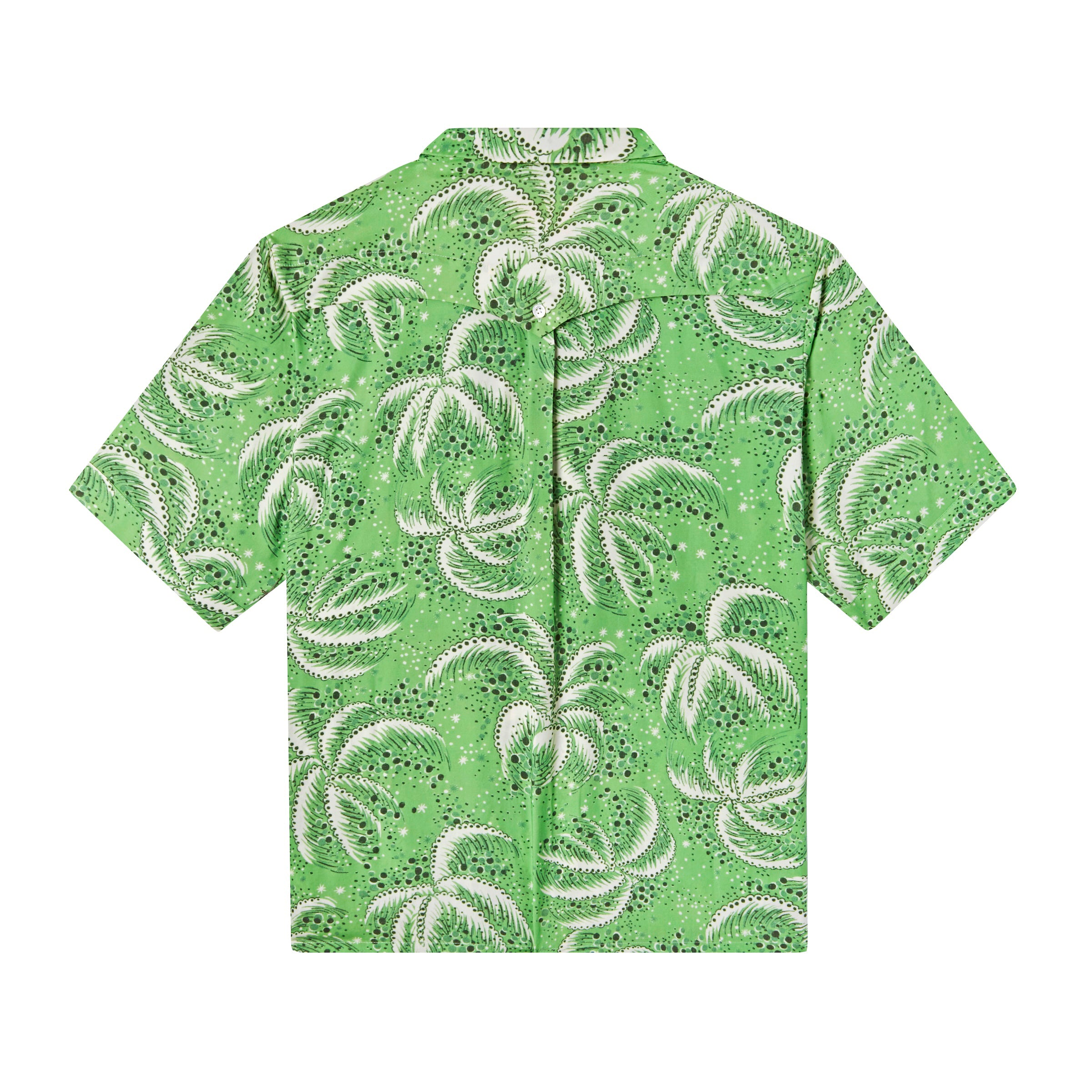 Backwards-facing product image of 'Palm Fronds (green)' that showcases the repeating Palm frond pattern in addition to an arched open yolk over interior mesh for added ventilation that's secured with a single button at center back over box pleat.