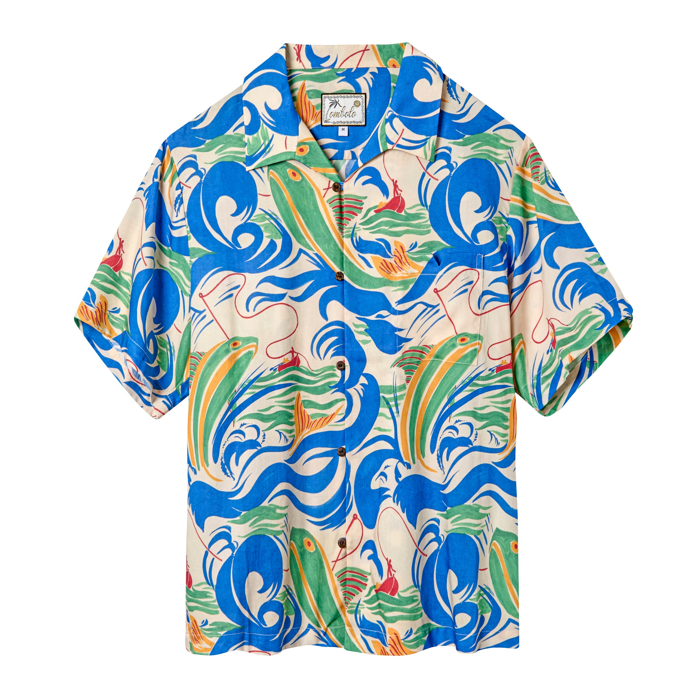 Short-sleeve button-up shirt featuring a bold, all-over print of stylized ocean waves and green-yellow fish on fishing lines. The background is off-white, while the design includes vivid shades of blue, green, orange, and red. The shirt has a camp collar and brown buttons down the front.