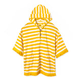 Front-facing product image of the 'Saffron Stripe' Beach Towel Top that features fringed hems and cuffs, custom woven interior label, oversized hood, horizontal yellow and white stripes, bamboo toggle and loop closures on collar opening, all made from plush, double-faced organic cotton terry cloth