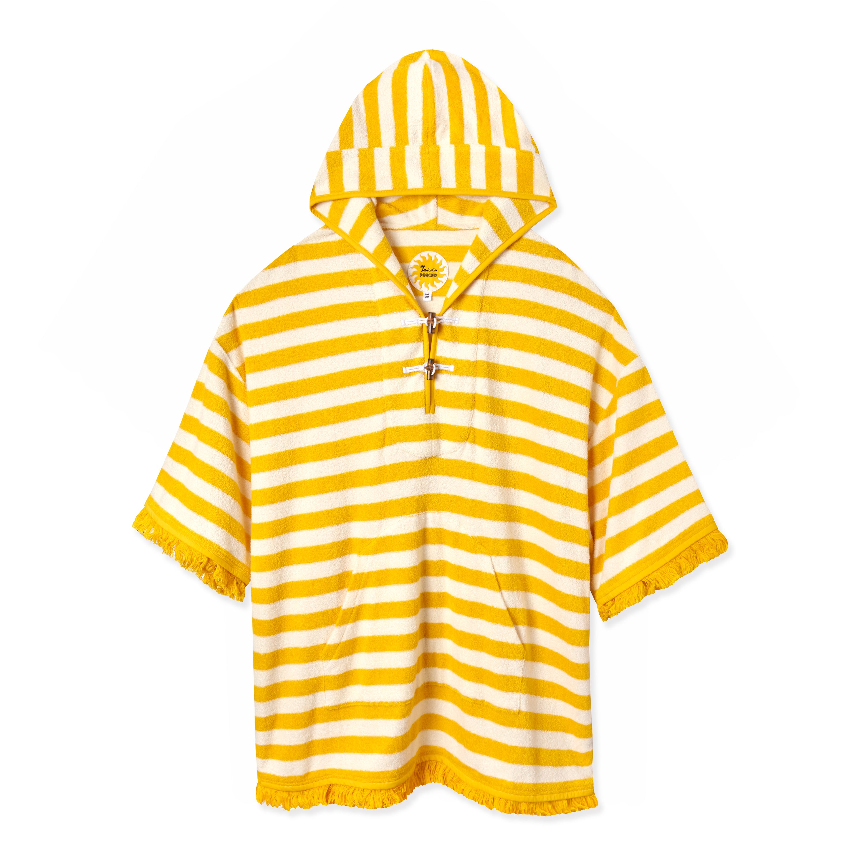 Front-facing product image of the 'Saffron Stripe' Beach Towel Top that features fringed hems and cuffs, custom woven interior label, oversized hood, horizontal yellow and white stripes, bamboo toggle and loop closures on collar opening, all made from plush, double-faced organic cotton terry cloth