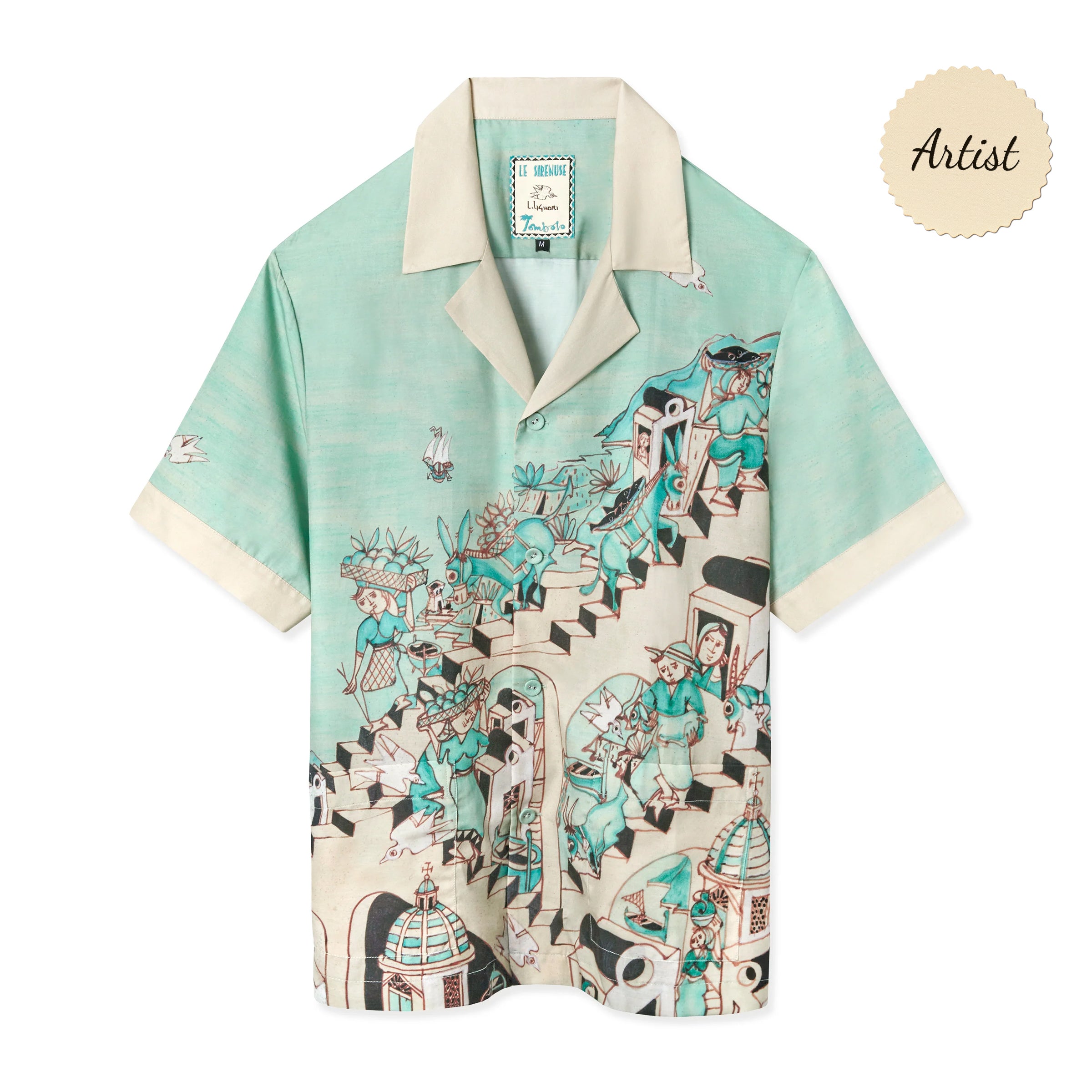 Tombolo silk shirt in collaboration with Lucio Liguori, depicting an artistic representation of a bustling Positano street scene 