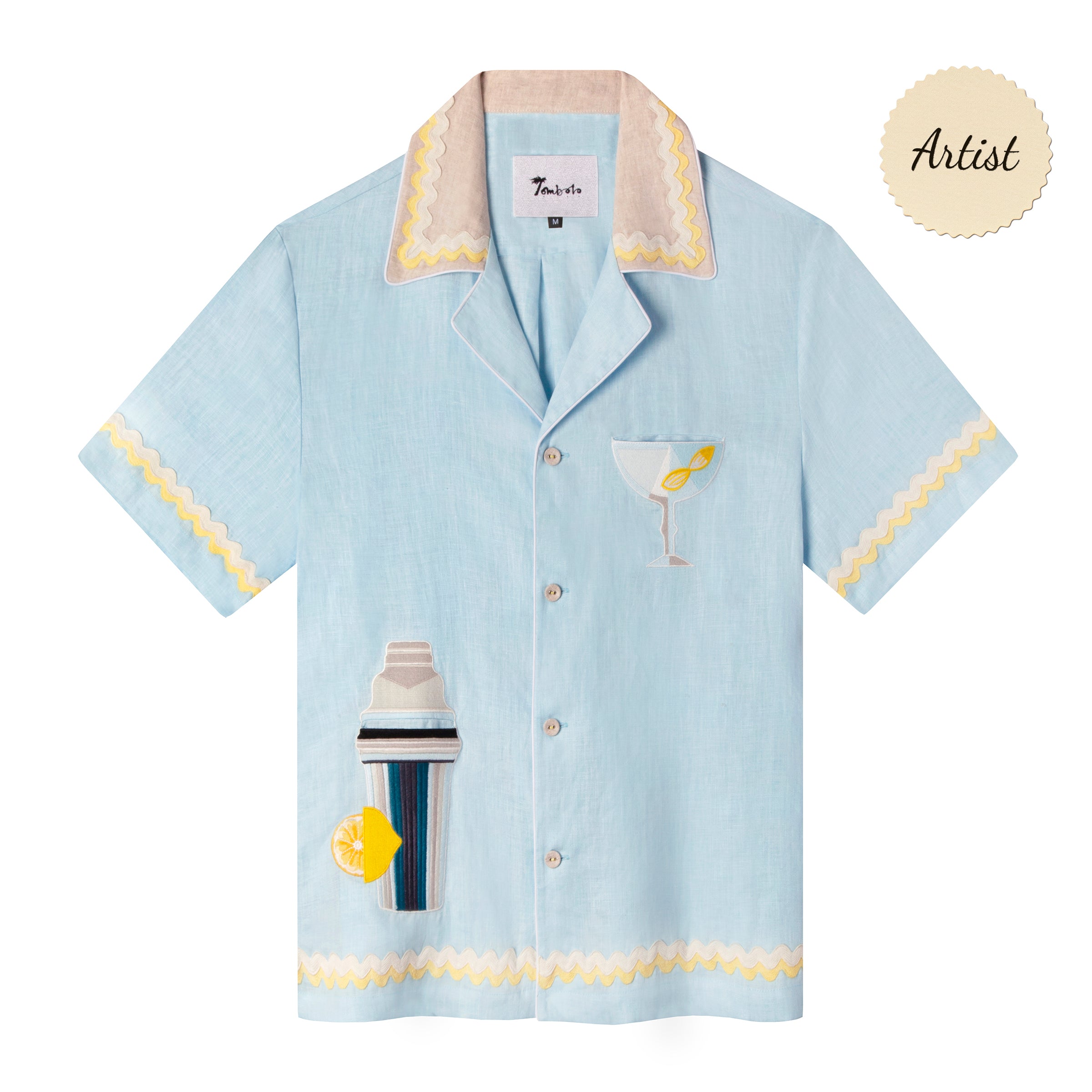 Casual, cabana style baby blue button-up Tombolo linen shirt with lemon flat ruffle trim, cocktail shaker pocket on bottom right and martini glass on left breast pocket