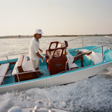 Two people on a boat in the water with a clear sky.