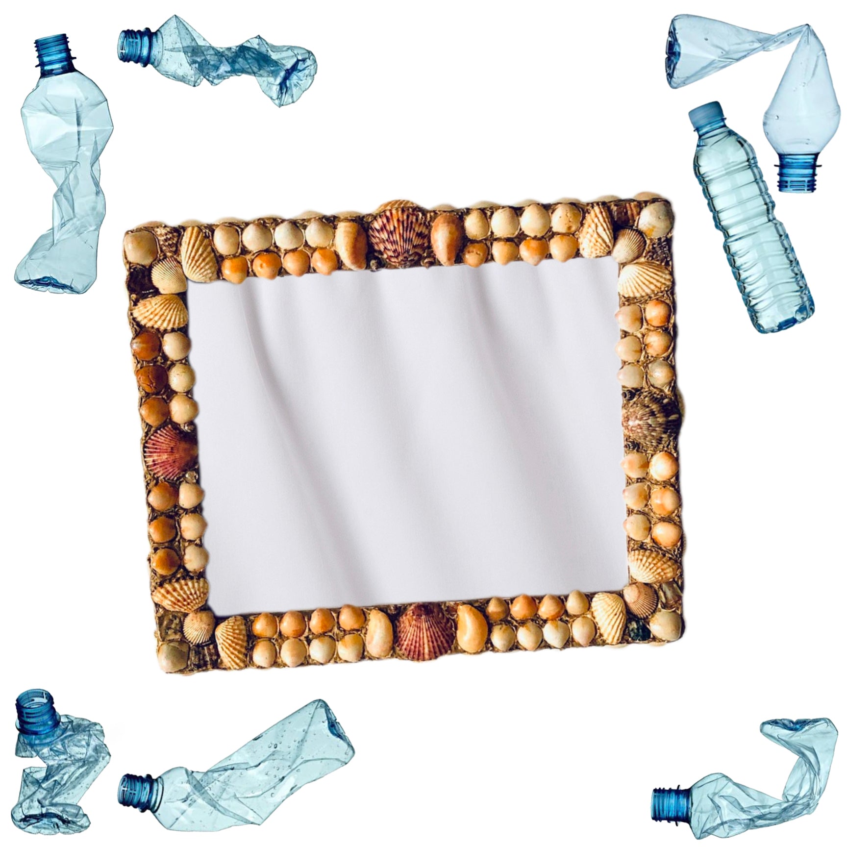 water bottle surrounding a seashell mirror