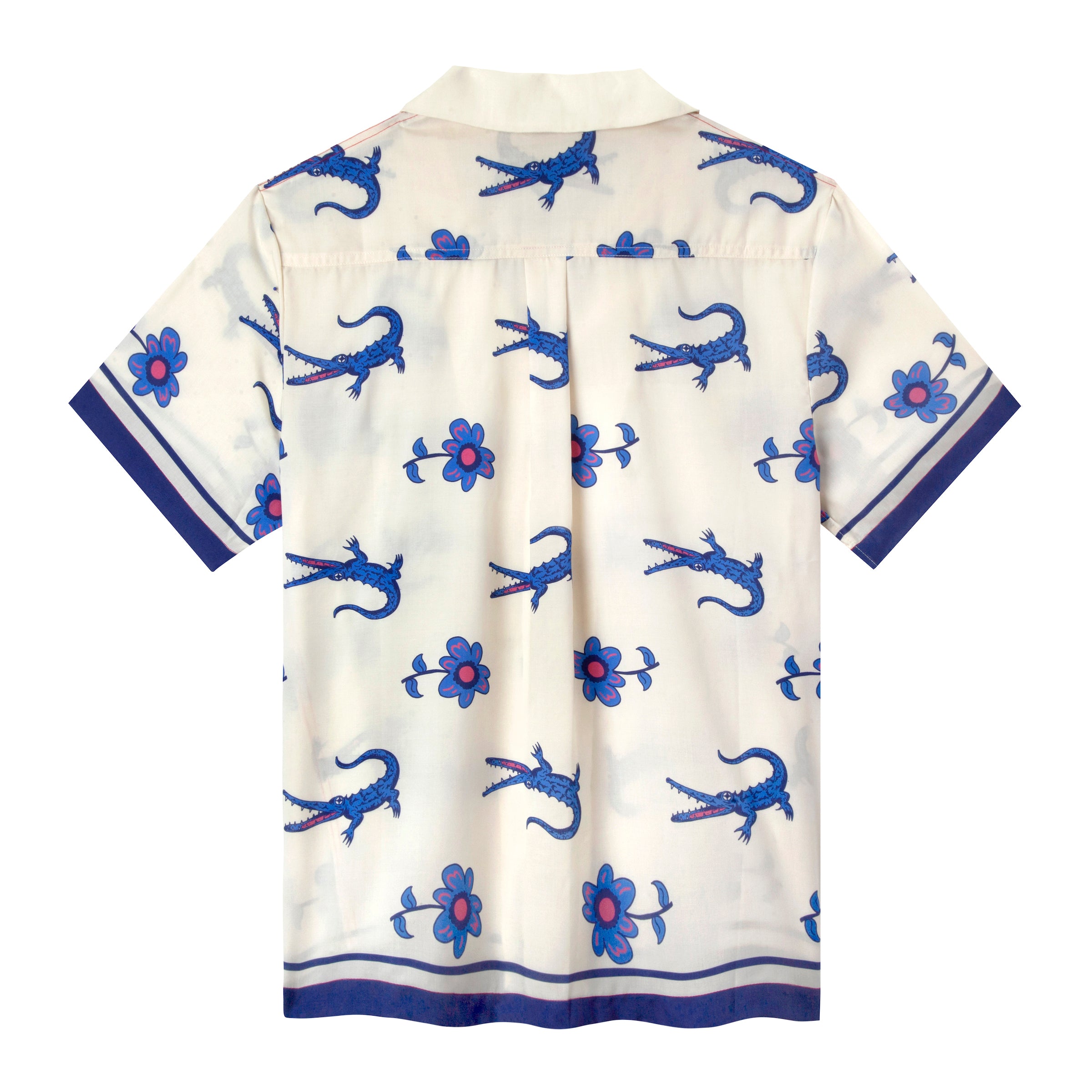 Back view of off-white shirt with digitally printed artwork of purple crocodiles and flowers in repeat. 