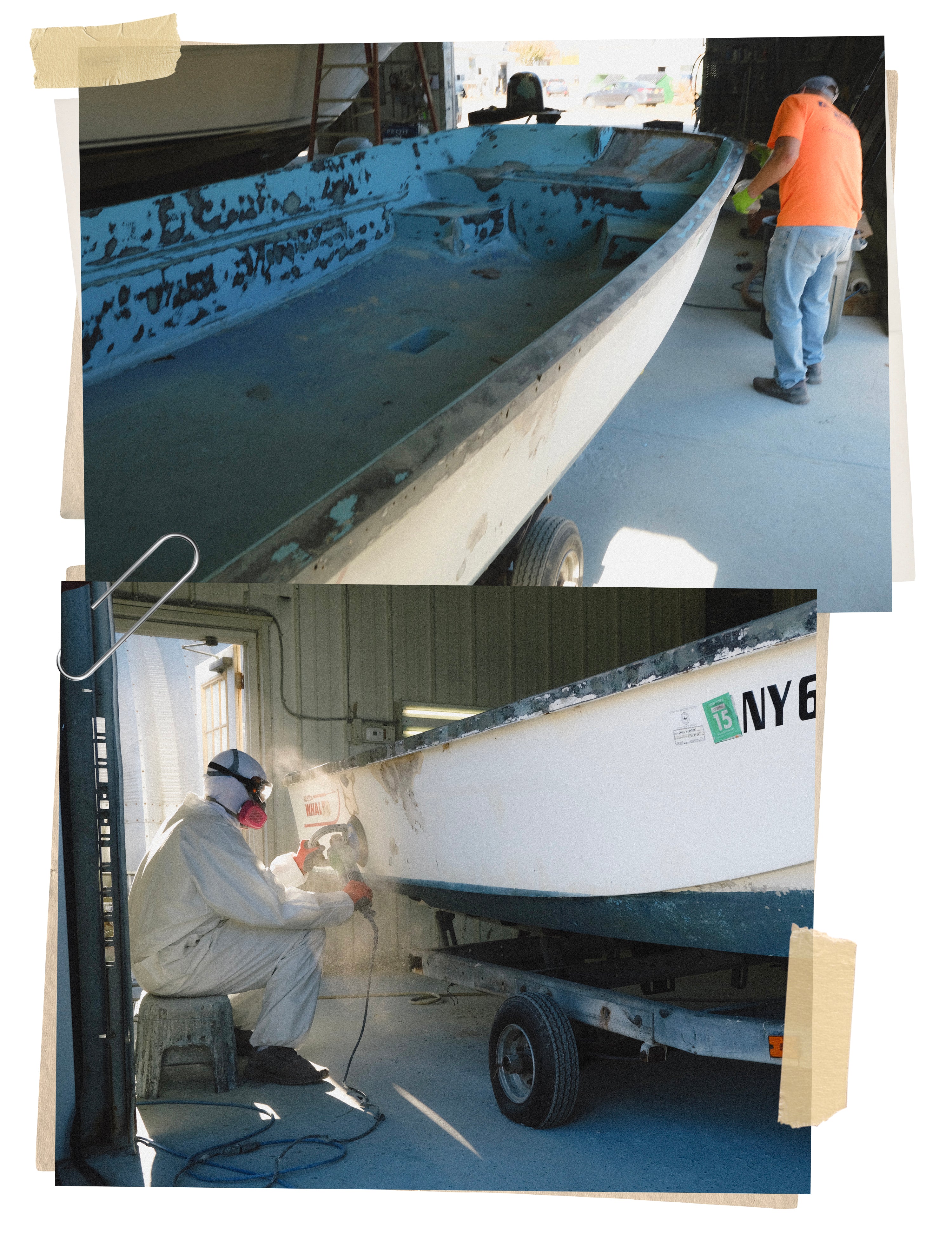 Person sanding a boat with a power sander, surrounded by tools and materials.