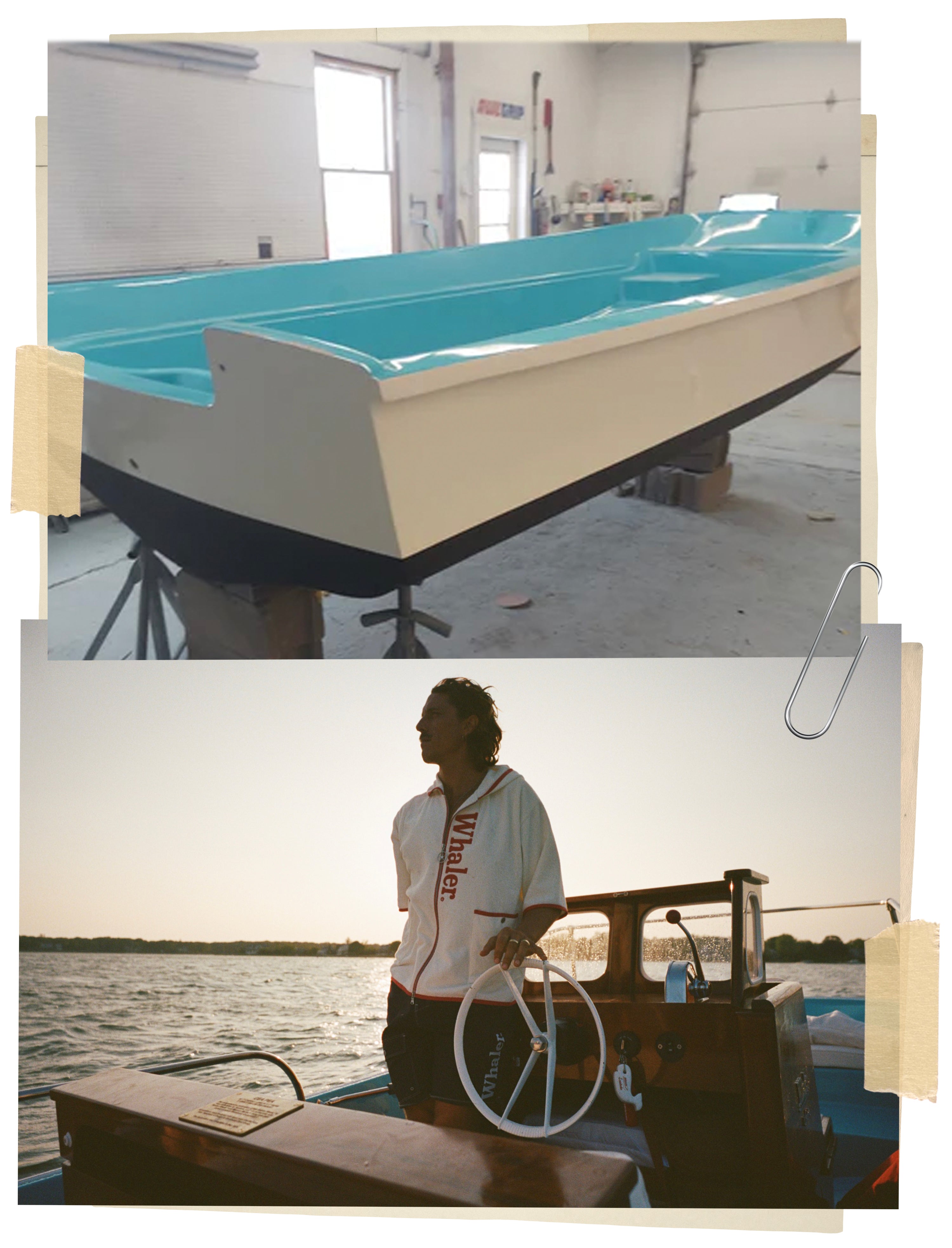 Collage of a boat being built and a person on a boat at sunset.
