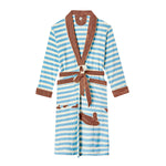 Front-facing product image of 'The Sopranos' Fowl Play Robe made of 100% organic terrycloth that showcases its horizontal light blue and white striped pattern, brown belt, shawl collar, cuffs, and pocket strips, custom interior logo label along with Tony Soprano monogram, and oversized patch pockets.
