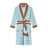 Front-facing product image of 'The Sopranos' Fowl Play Robe made of 100% organic terrycloth that showcases its horizontal light blue and white striped pattern, brown belt, shawl collar, cuffs, and pocket strips, custom interior logo label along with Tony Soprano monogram, and oversized patch pockets.