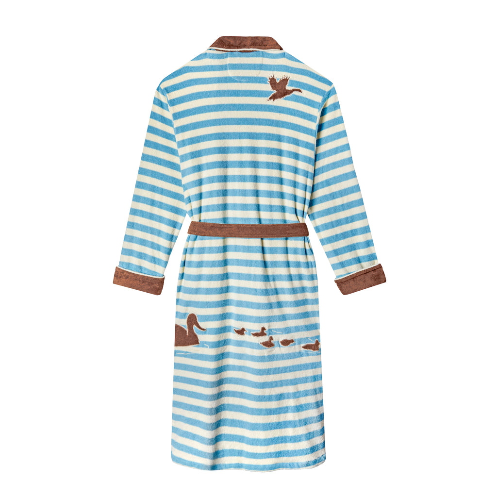 Backwards-facing product image of 'The Sopranos' Fowl Play Robe that showcases its horizontal light blue and white patterned stripes and appliquéd and edge-embroidered swimming ducks
