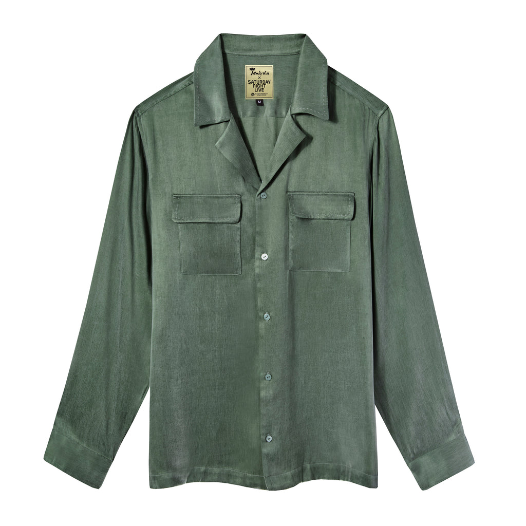 A green button-up long sleeve shirt with two front pockets.