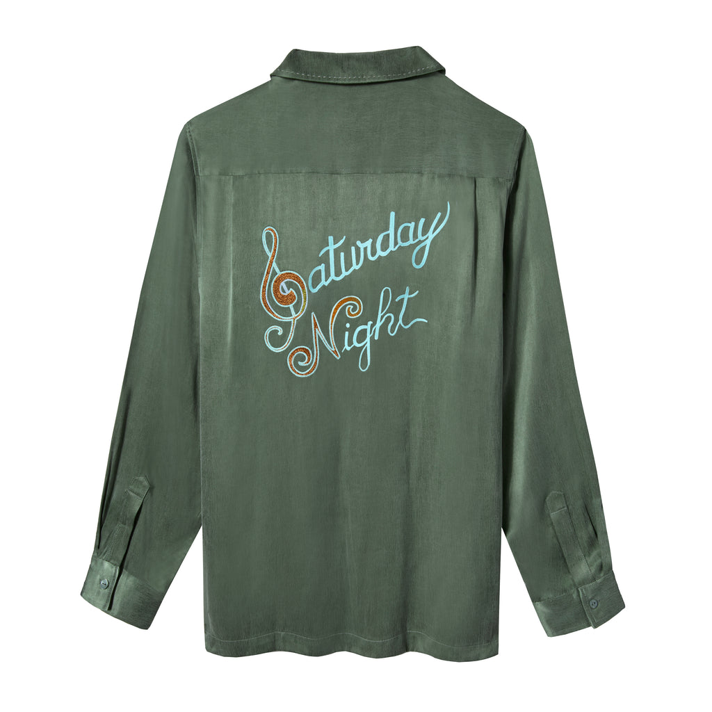 A green button-up shirt  featuring a 'Saturday Night' chain-stitched in metallic thread on the back.