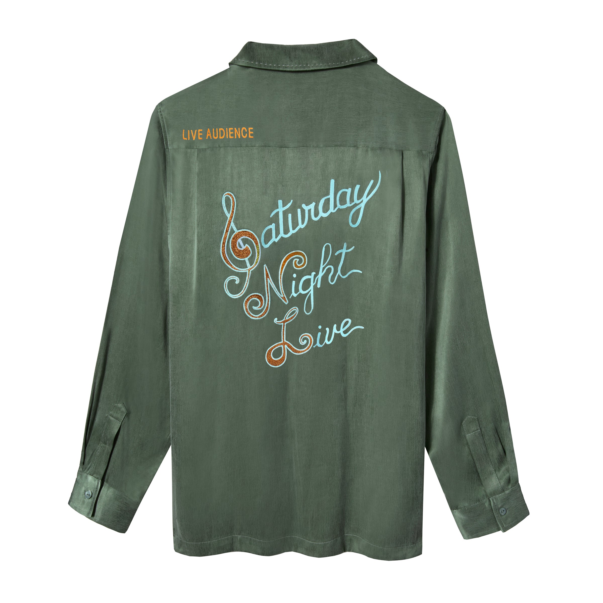 Green shirt with 'Saturday Night Live' text embroidered across the back.