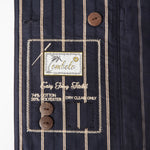 Close-up product image of the 'Easy-going' jacket in navy-jacquard's interior breast tag with two extra coconut shell buttons.
